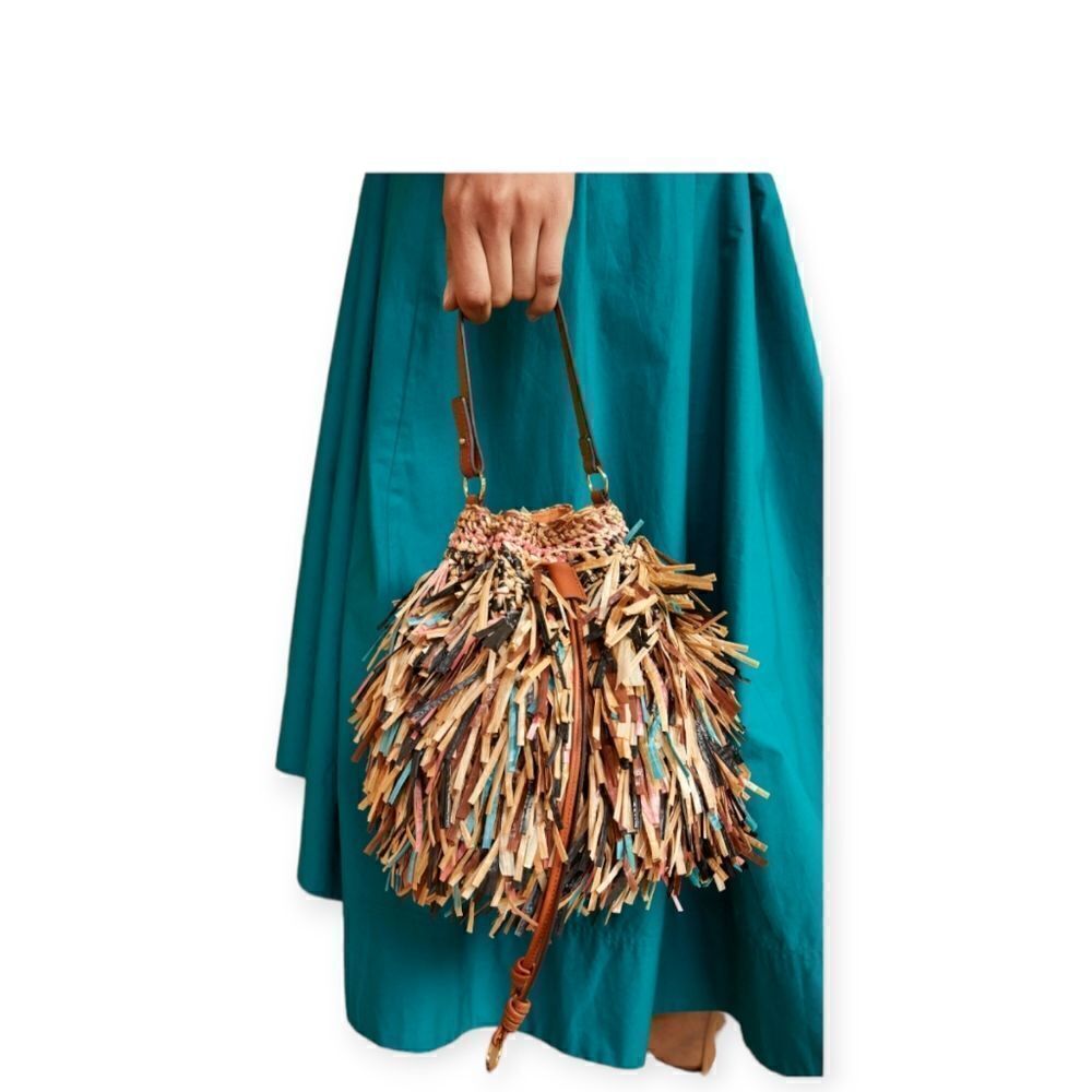 Ulla Johnson Gigi Fringe Brown Drawstring Bag NWT - Picture 2 of 13
